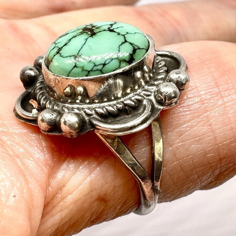 Navajo Turquoise Flower Ring Sz 7 Signed Priscilla Smith Native Amer Sterling - Picture 4 of 9